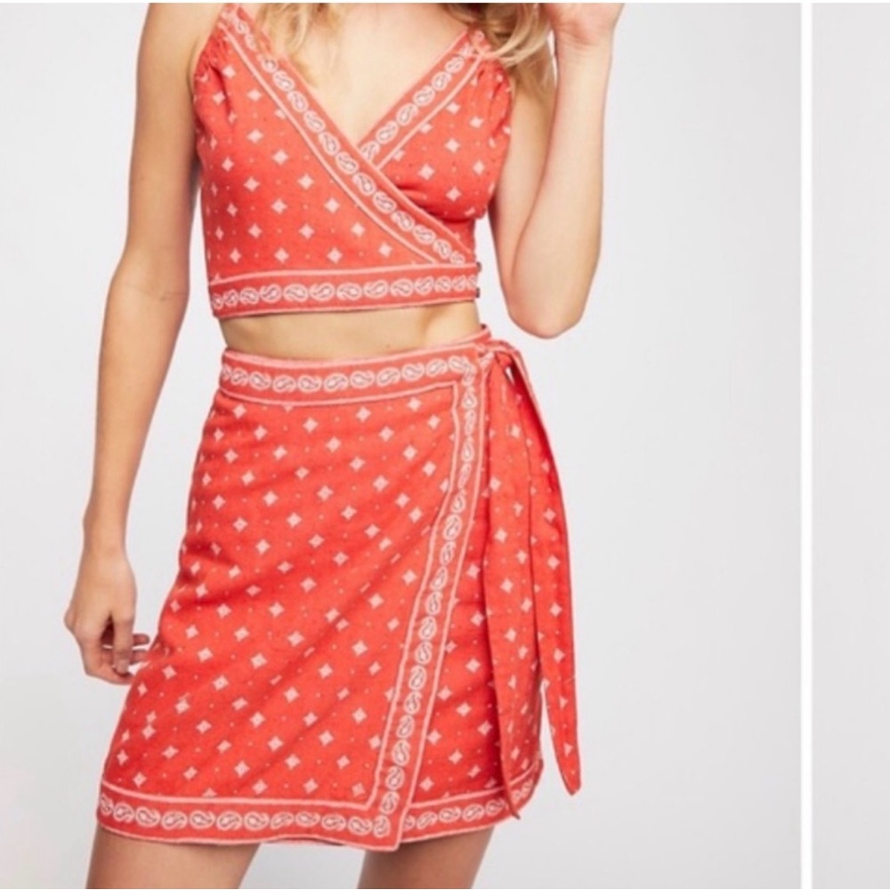 Free People Red Paisley Wrap Skirt